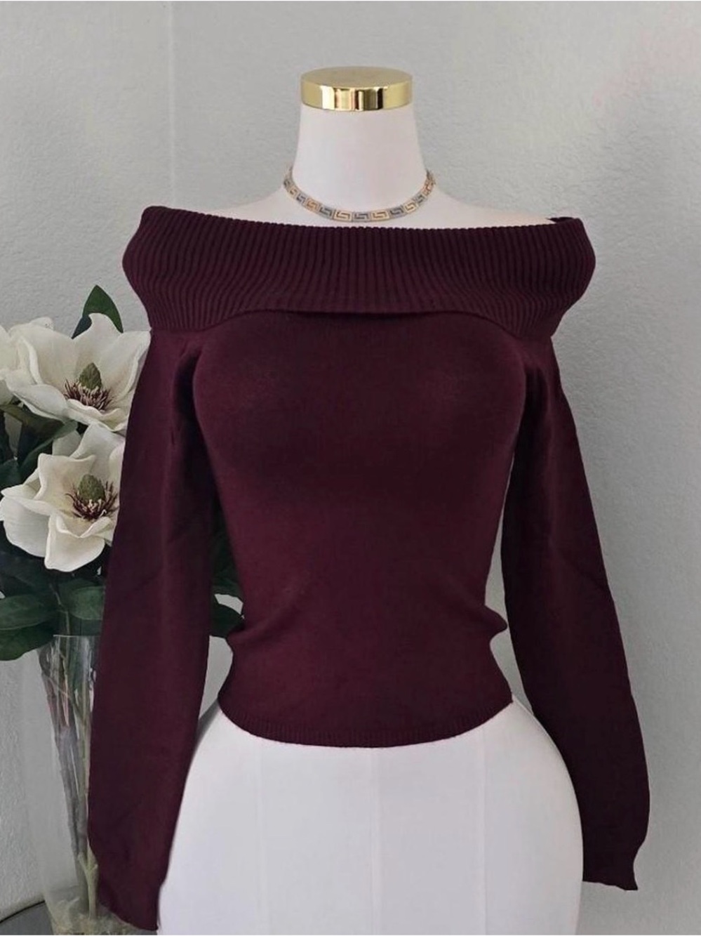 Women’s Off-the-Shoulder Knit Sweater in Burgundy